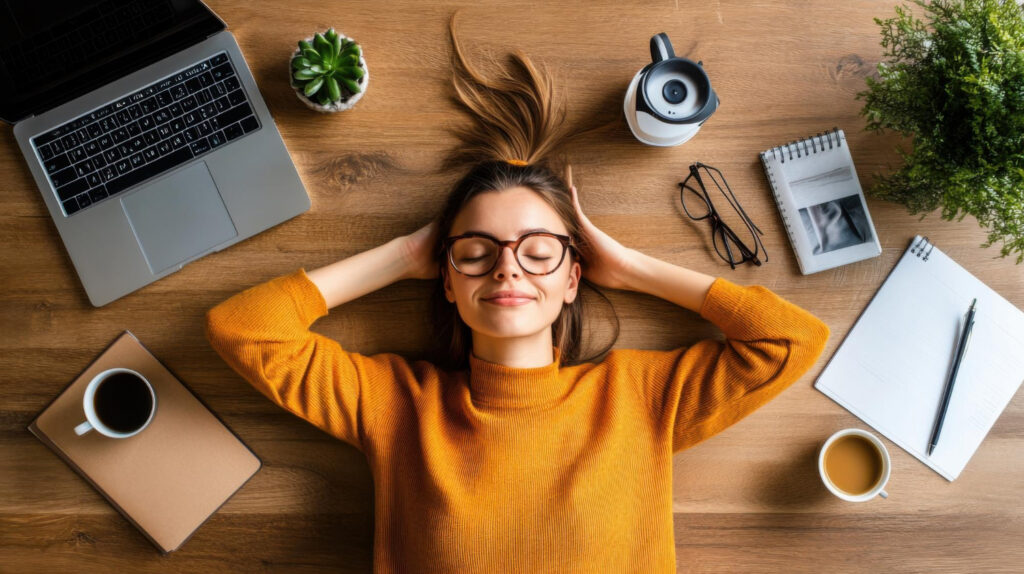 Widok z góry na osobę odpoczywającą w trakcie pracy, kobieta w okularach leży na blacie drewnianego stołu. Dookoła niej rozłożone są elementy biurowe: otwarty laptop, kubki kawy, notes, czarne okulary i małe rośliny doniczkowe.