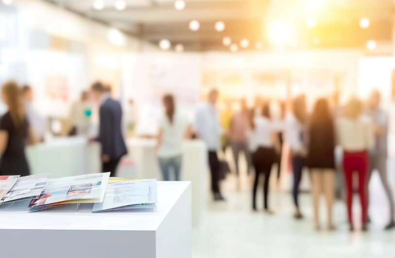 Widok z perspektywy stoiska informacyjnego na tętniące życiem targi w nowoczesnym wnętrzu. Na pierwszym planie widać białą ladę z rozłożonymi ulotkami i broszurami informacyjnymi.
