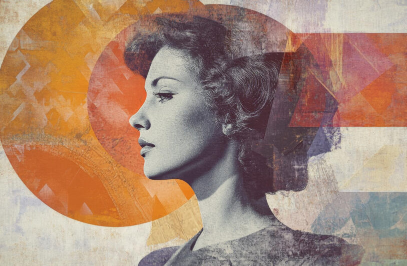 Artystyczny kolaż przedstawiający czarno-biały profil kobiety zwróconej w lewo na tle dużego pomarańczowego koła i nakładających się geometrycznych pól i pasów w odcieniach pomarańczu, czerwieni, fioletu i niebieskiego na teksturowanym tle.