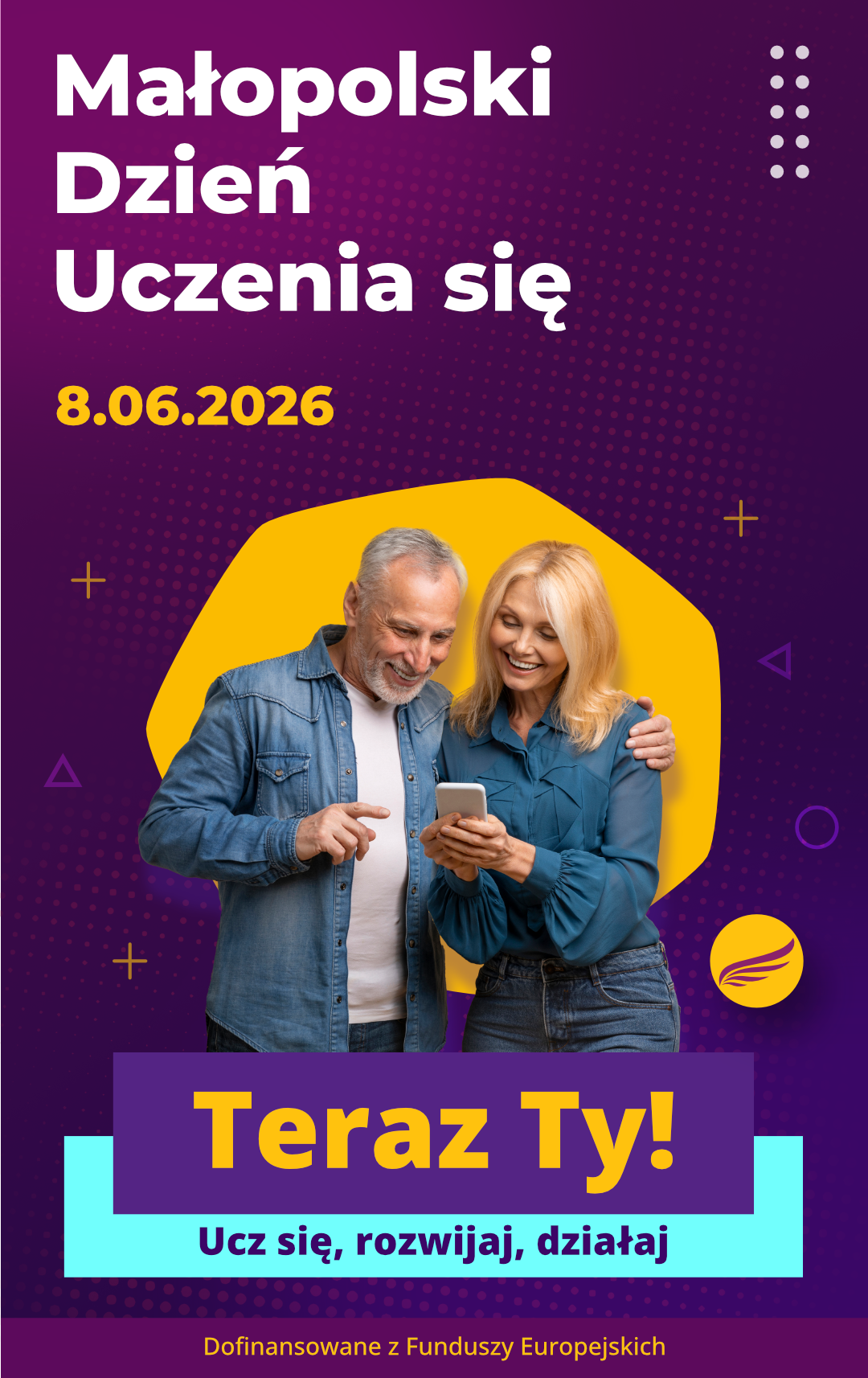 Baner z fioletowym tłem; po lewej biały napis Małopolski Dzień Uczenia się i żółta data 8.06.2026; na środku na żółtym, nieregularnym tle para dorosłych osób — mężczyzna z siwą brodą w dżinsowej koszuli i kobieta blond w niebieskiej bluzce — razem patrzą na smartfon; po prawej fioletowo‑błękitny pasek z żółtym napisem 