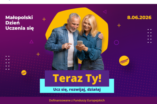 Plakat na fioletowo-bordowym tle promujący Małopolski Dzień Uczenia się z datą 8.06.2026, centralne zdjęcie mężczyzny w kurtce dżinsowej o siwych włosach i kobiety z blond włosami w turkusowej bluzce, na tle żółtego nieregularnego kształtu, przeglądających razem treści na smartfonie. Poniżej duży żółty, duży napis 