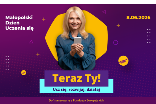 Plakat na fioletowo-bordowym tle promujący Małopolski Dzień Uczenia się z datą 8.06.2026, na środku zdjęcie blond kobiety trzymającej smartfon na tle żółtego nieregularnego kształtu. Poniżej duży żółty, duży napis 