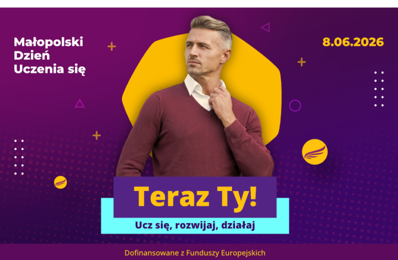Plakat na fioletowo-bordowym tle promujący Małopolski Dzień Uczenia się z datą 8.06.2026, centralnie fotografia mężczyzny w bordowym swetrze i białej koszuli na tle żółtego nieregularnego kształtu. Poniżej duży żółty, duży napis 