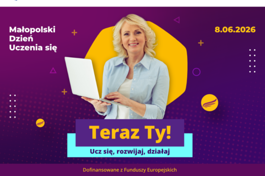 Plakat na fioletowo-bordowym tle promujący Małopolski Dzień Uczenia się z datą 8.06.2026, na środku zdjęcie uśmiechniętej kobiety trzymającej laptopa na tle żółtego nieregularnego kształtu. Poniżej duży żółty, duży napis 