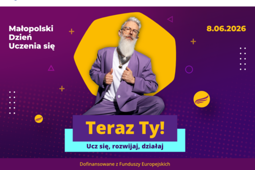 Plakat na fioletowo-bordowym tle promujący Małopolski Dzień Uczenia się z datą 8.06.2026, centralnie siedzący mężczyzna z siwą brodą i włosami, w okularach i fioletowym garniturze na tle żółtego nieregularnego kształtu. Poniżej duży żółty, duży napis 