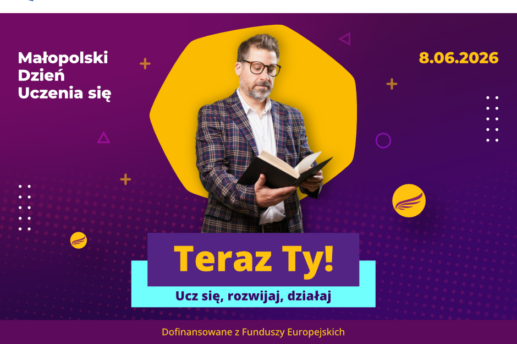 Plakat na fioletowo-bordowym tle promujący Małopolski Dzień Uczenia się z datą 8.06.2026, na środku zdjęcie mężczyzny w okularach i marynarce w kratę trzymającego otwartą książkę na tle żółtego nieregularnego kształtu. Poniżej duży żółty, duży napis 