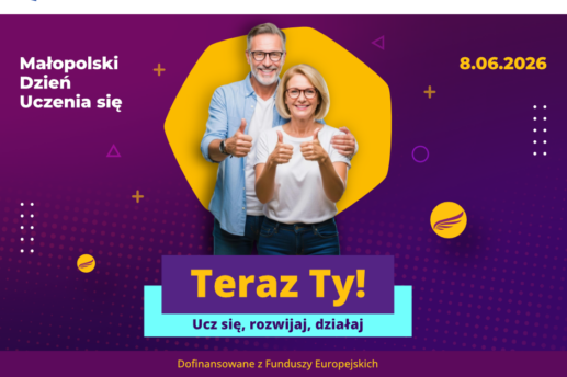 Plakat na fioletowo-bordowym tle promujący Małopolski Dzień Uczenia się z datą 8.06.2026, centralnie zdjęcie uśmiechniętej pary dorosłych osób na tle żółtego nieregularnego kształtu. Poniżej duży żółty, duży napis 