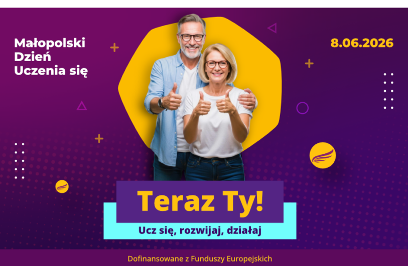 Plakat na fioletowo-bordowym tle promujący Małopolski Dzień Uczenia się z datą 8.06.2026, centralnie zdjęcie uśmiechniętej pary dorosłych osób na tle żółtego nieregularnego kształtu. Poniżej duży żółty, duży napis 
